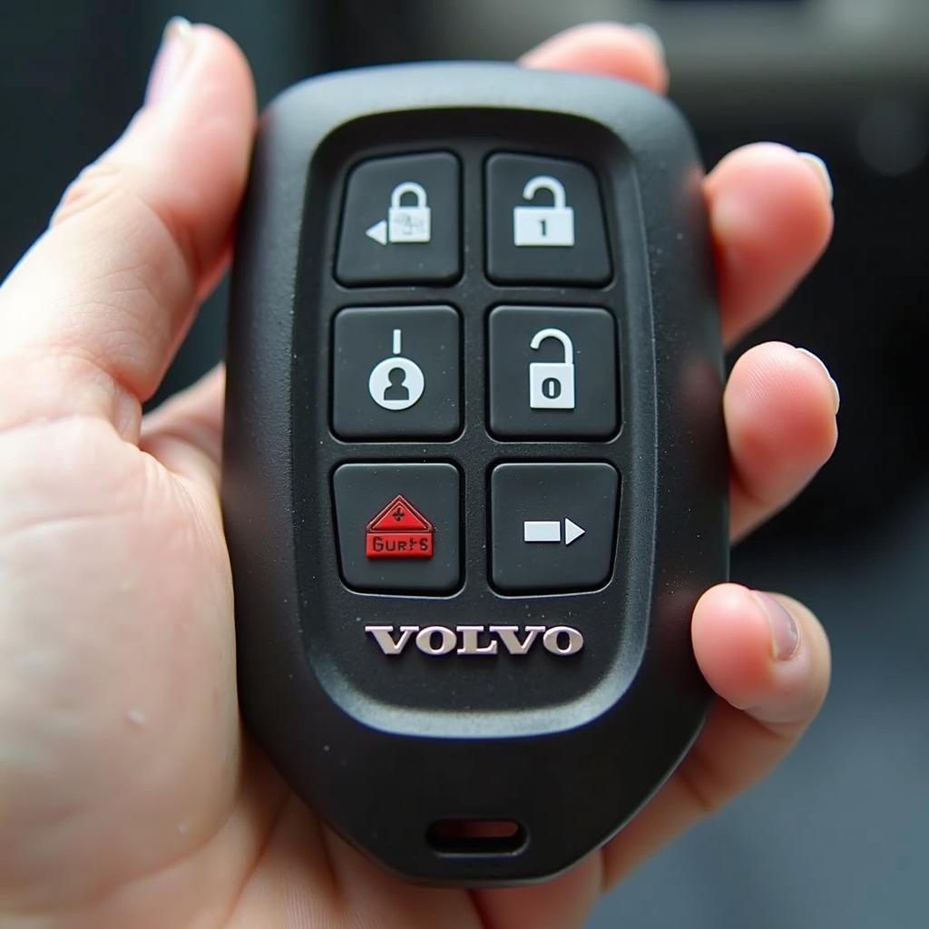 Closeup view of a Volvo V50 key fob showing its buttons and design.