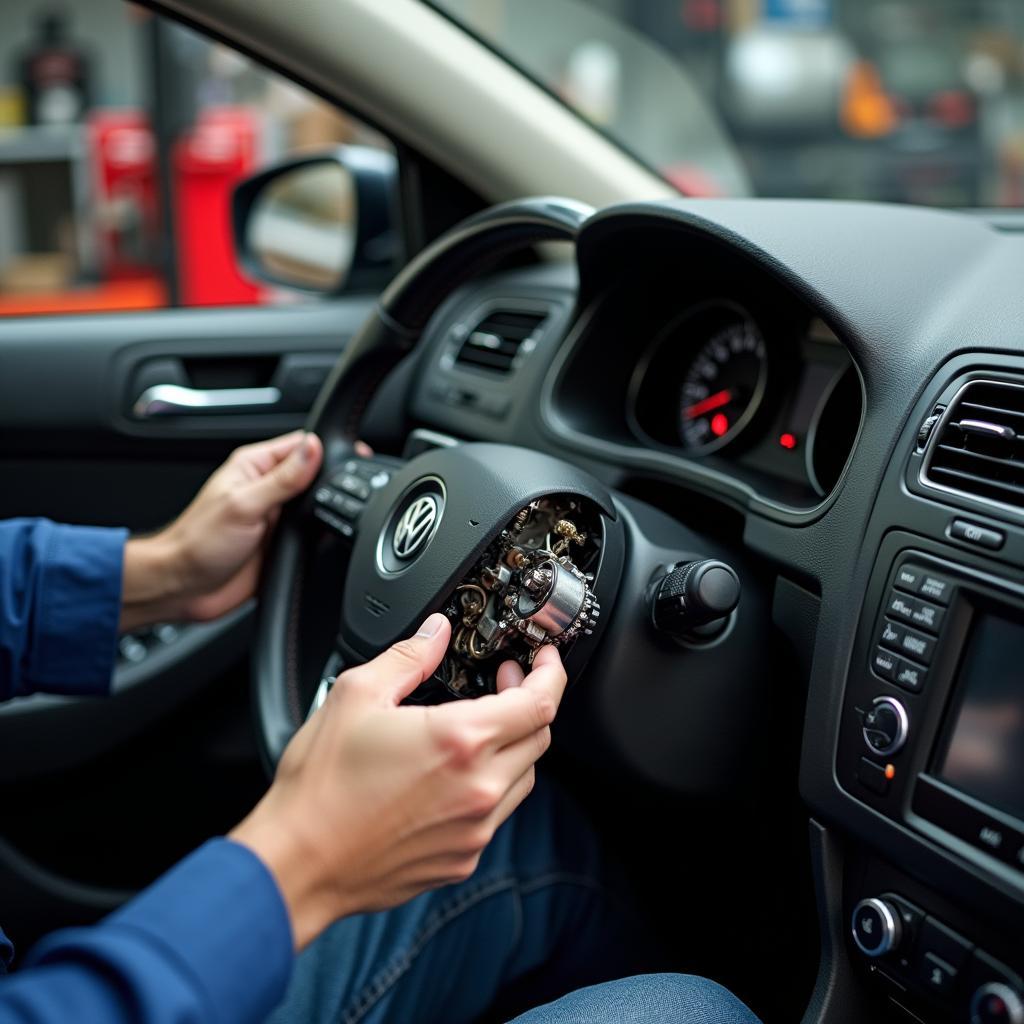 A mechanic repairing a VW Passat ignition switch. The image shows the mechanic working on the car's dashboard with tools surrounding him.