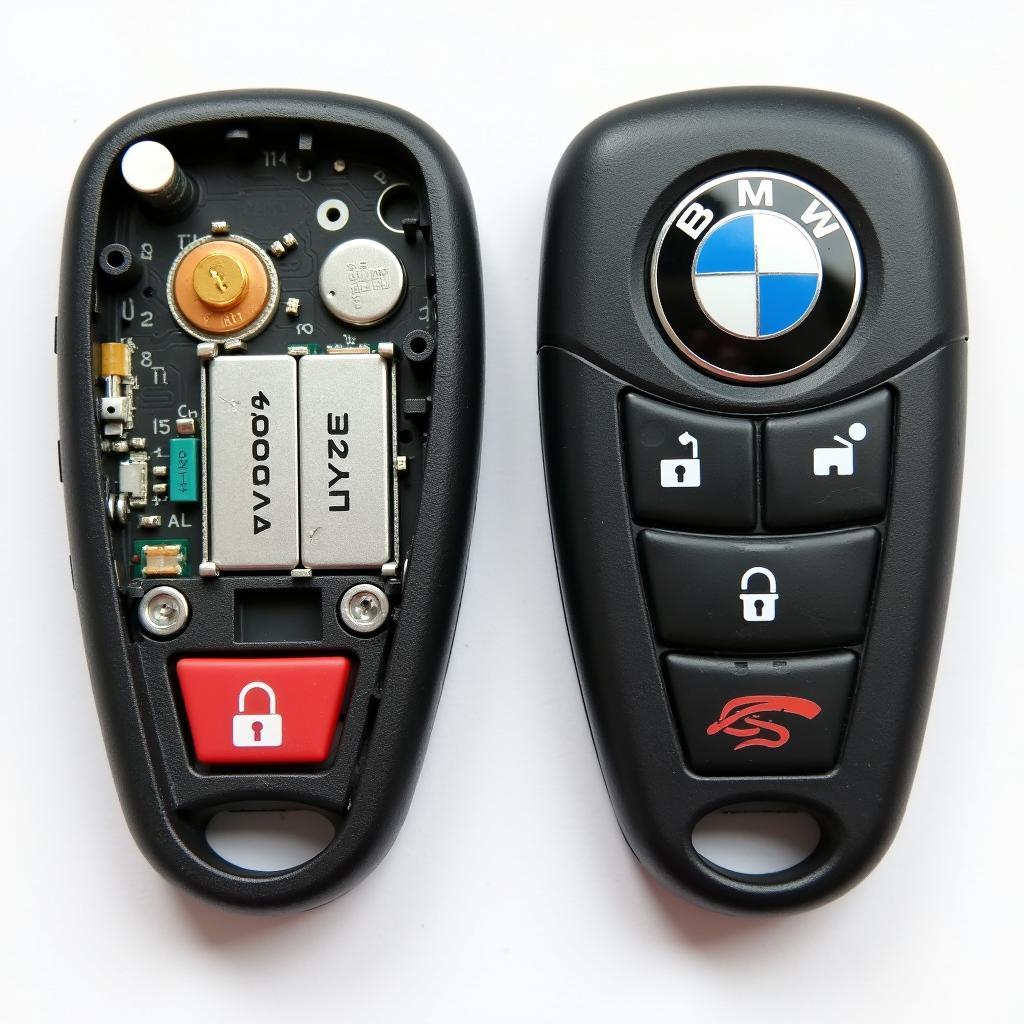 2005 BMW 325i key fob battery replacement guide: Identifying the battery type and location within the key fob.