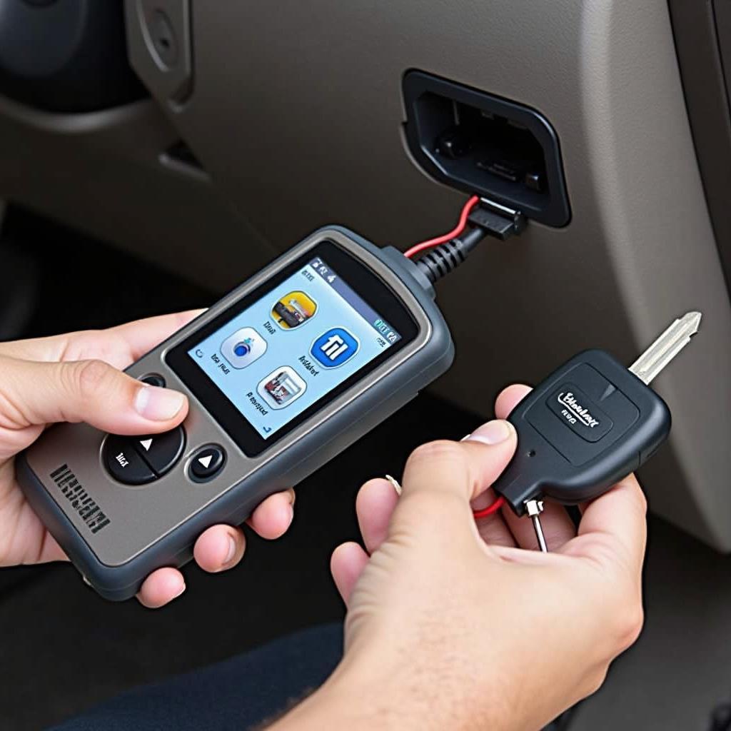 2008 GMC Sierra 2500 key fob programming process with a technician using a diagnostic tool.