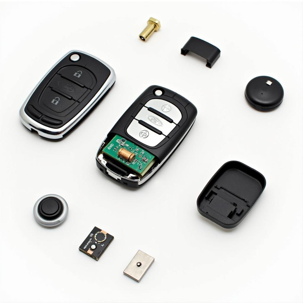 2013 Ford Fusion Key Fob Disassembled: A detailed view of the internal components of a 2013 Ford Fusion key fob, including the circuit board, battery, and buttons.