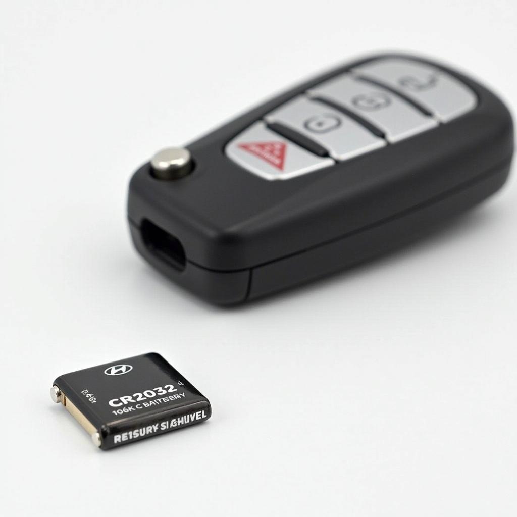 A CR2032 battery next to a 2018 Hyundai Tucson key fob.