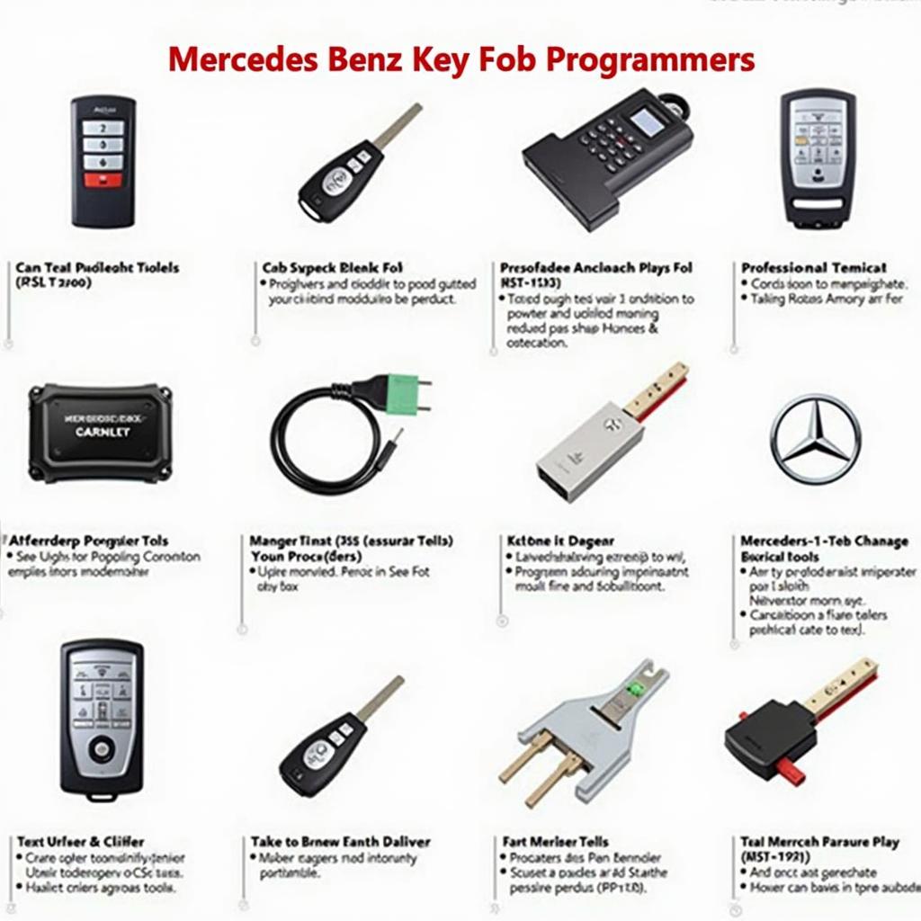 Various Mercedes key fob programmers on a table