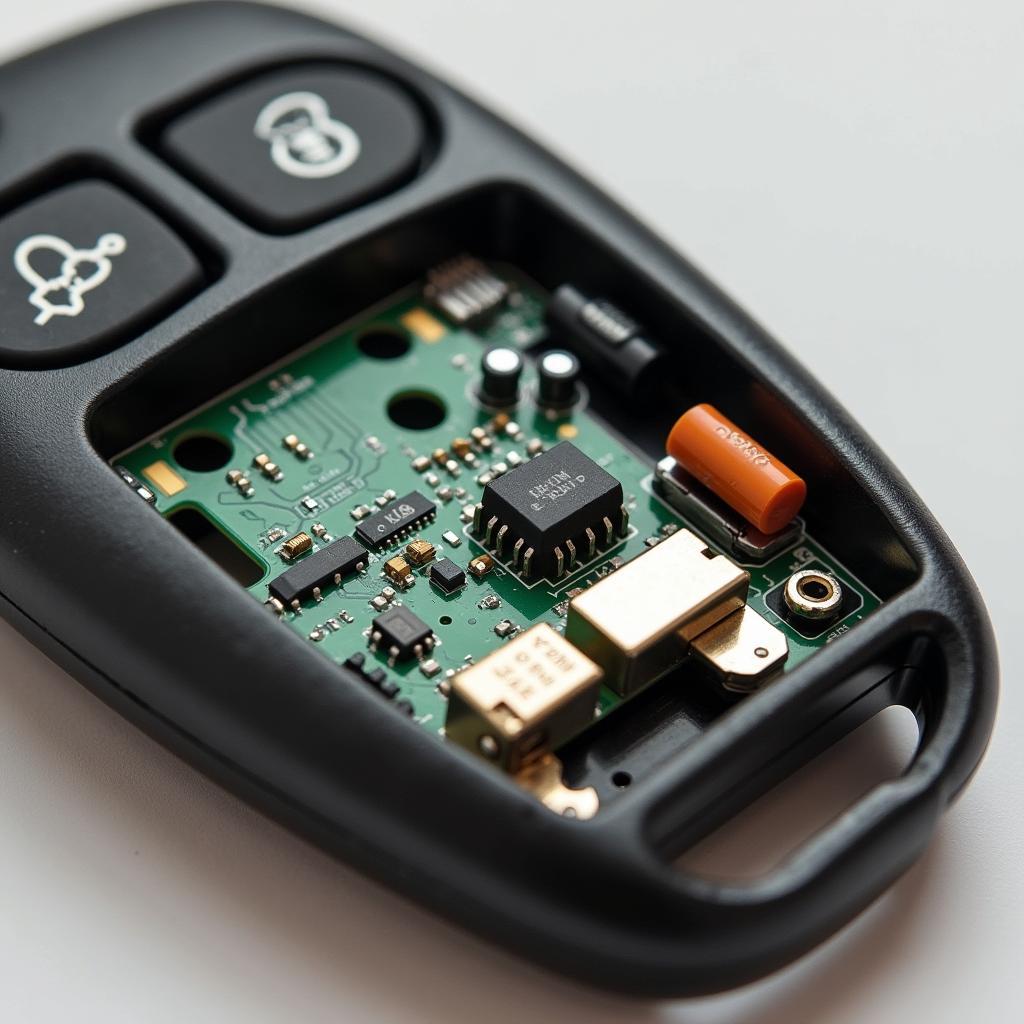 Close-up of a Ford Explorer key fob with internal components exposed for repair