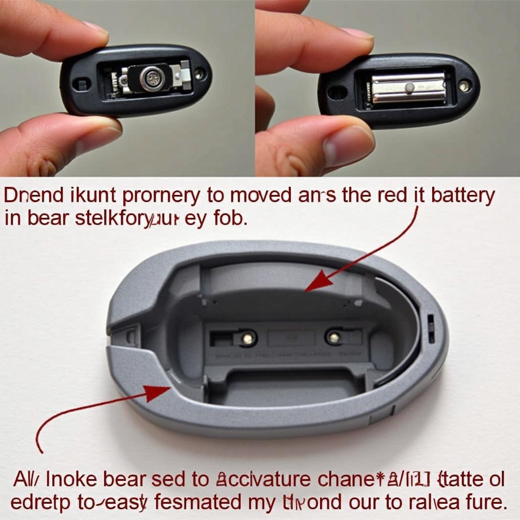 Inserting New Battery Nissan Rogue Key Fob:  A hand carefully inserts a new CR2032 battery into the key fob's battery compartment, ensuring the positive side is facing upwards.