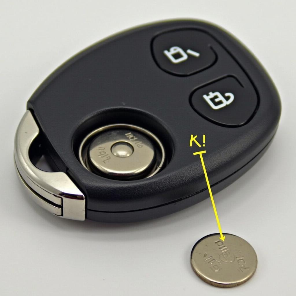 Kia Optima Key Fob Battery Installation: Inserting the new CR2032 battery into the key fob.