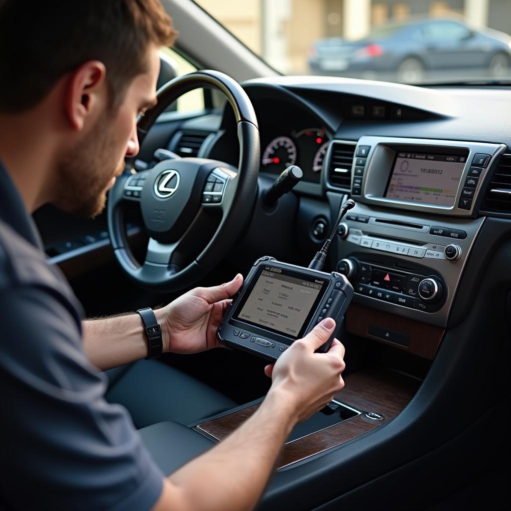 Programming a Lexus RX 350 key fob: A technician uses a diagnostic tool to program a new key fob for a 2007 Lexus RX 350.