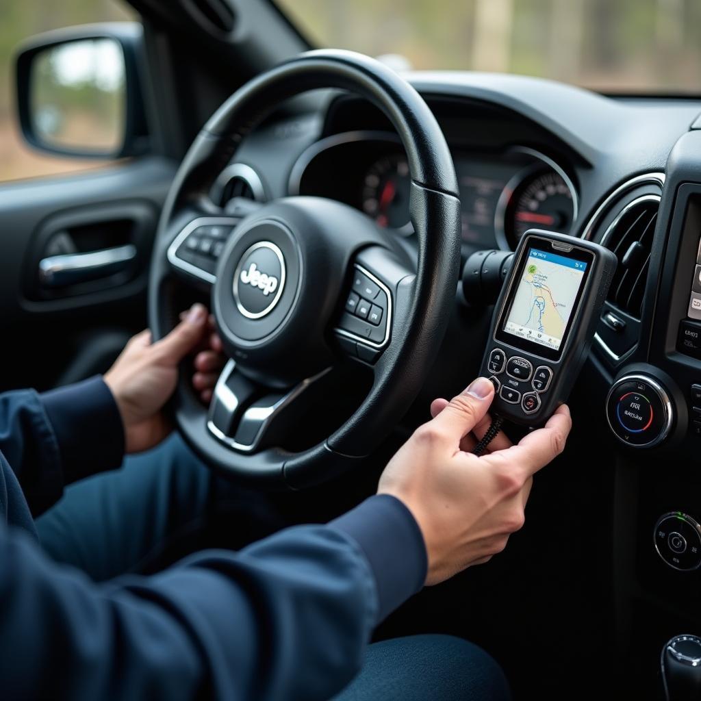 Technician programming a Jeep key fob with diagnostic equipment