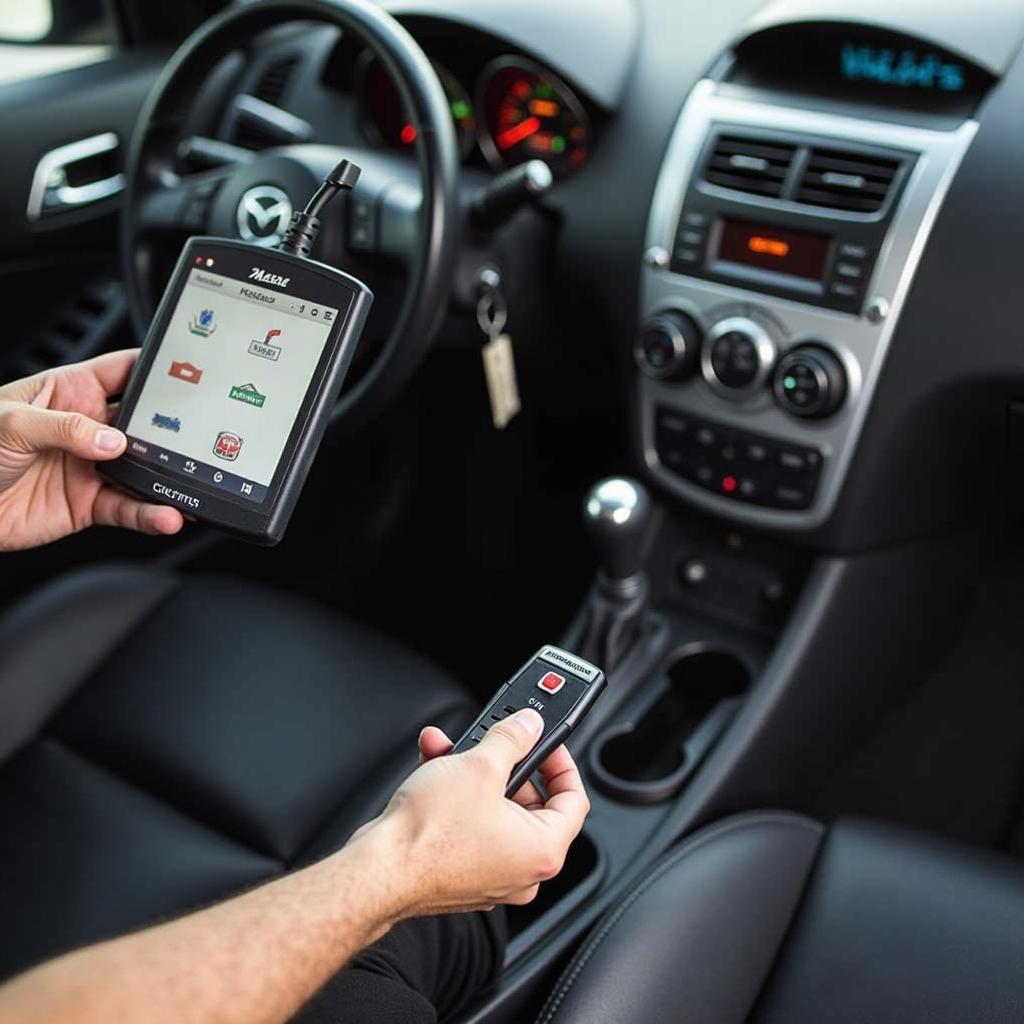 A technician programming a 2007 Mazda CX-9 key fob using specialized equipment.