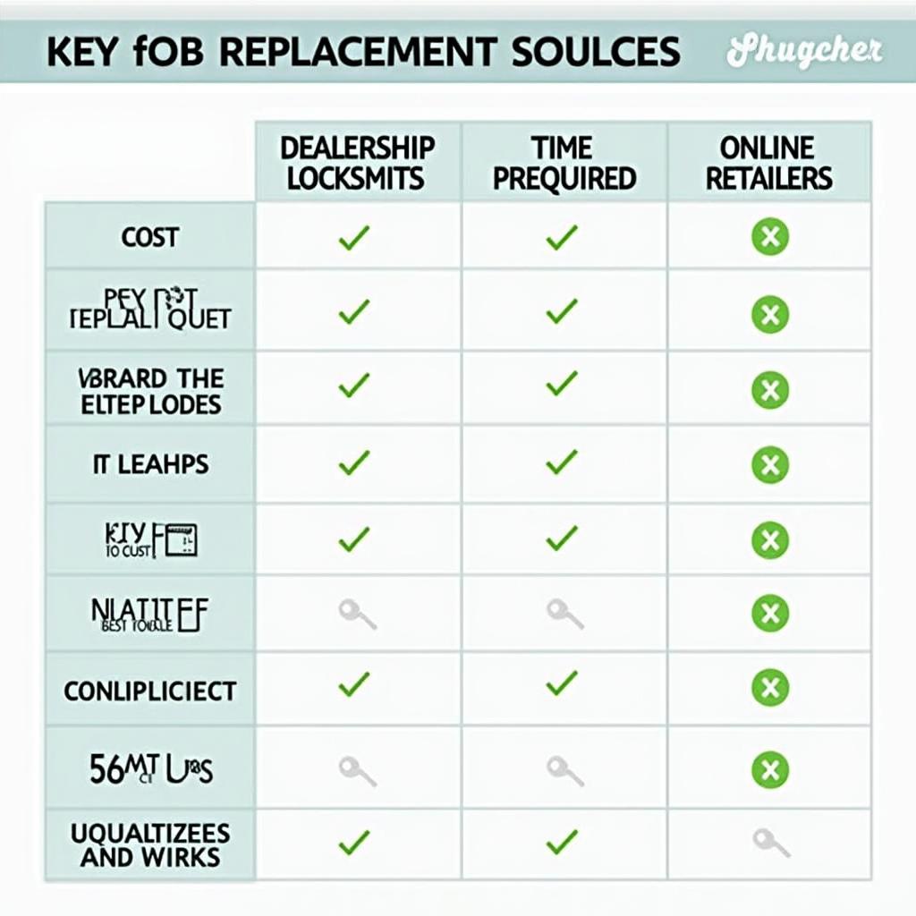 Replacement Key Fob Options: A table comparing different key fob replacement options, including dealership, locksmith, and online retailers, highlighting factors like cost, convenience, and programming requirements.