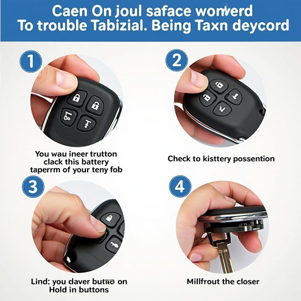 A person troubleshooting a key fob, checking the battery, and trying different buttons