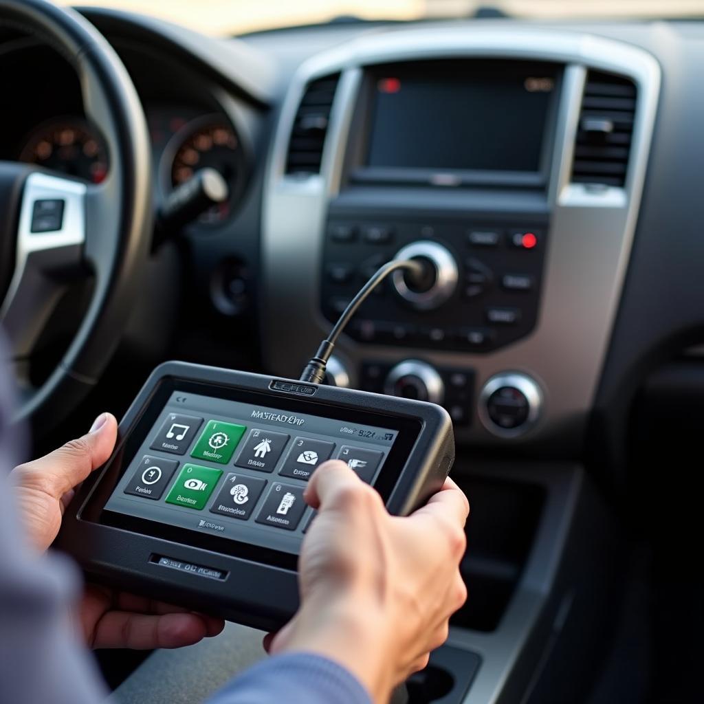 Programming a Nissan Sentra key fob with diagnostic tool, connecting to car's OBD port, professional locksmith service