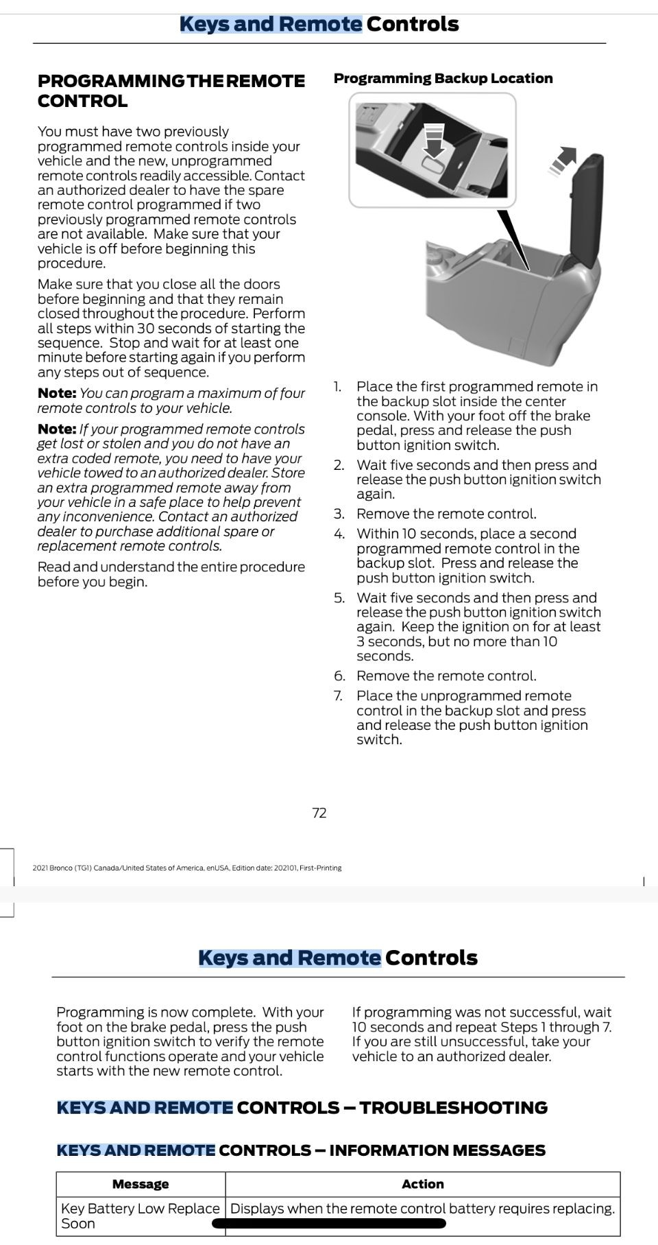 Ford Bronco owner's manual excerpt illustrating key fob programming instructions. Consult your vehicle manual for details on programming a third or fourth key fob yourself.