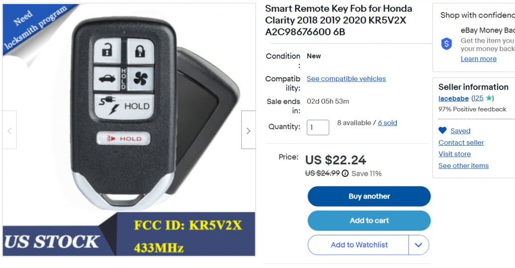 Generic aftermarket Honda key fob similar to OEM, highlighting button layout and blank emergency key.