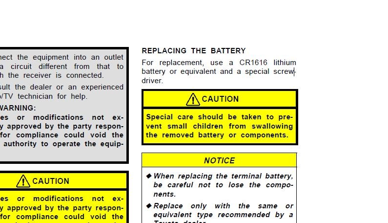 Page from the 2004 Lexus Land Cruiser owner's manual indicating CR1616 battery type for the key fob.