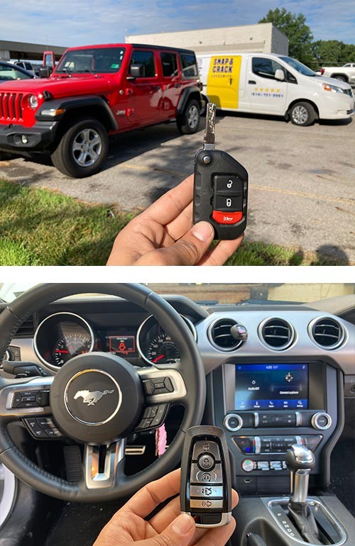 Snap and Crack Locksmith key fob replacement examples: Jeep flip key and Mustang fob.