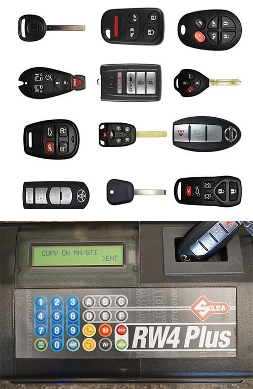 Technician expertly programming car key fobs and remotes with specialized tools.