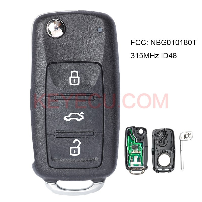 Aftermarket VW key fob compatible with various models including Golf, Jetta, Touareg, and Passat, FCC ID NBG010180T.