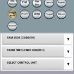 AlfaOBD software interface showing connection to the Radio Frequency Hub for key fob programming on a Ram 2500