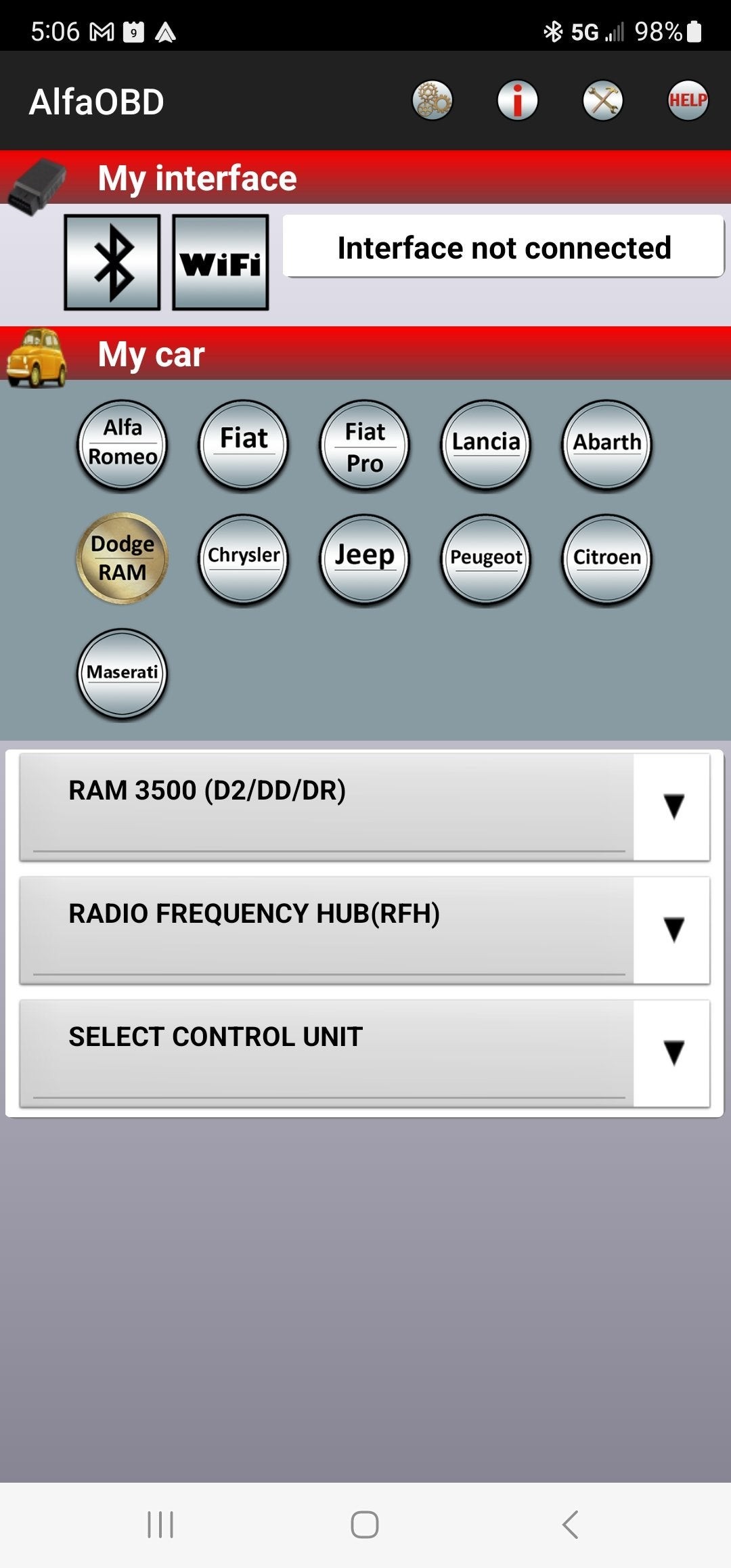 AlfaOBD software interface showing connection to the Radio Frequency Hub for key fob programming on a Ram 2500