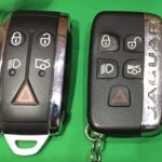 Jaguar XF key fobs comparison. The fob on the left is for models up to 2012, relevant to 2011 Jaguar XF key fob battery replacement. The fob on the right is for 2013 onward models.